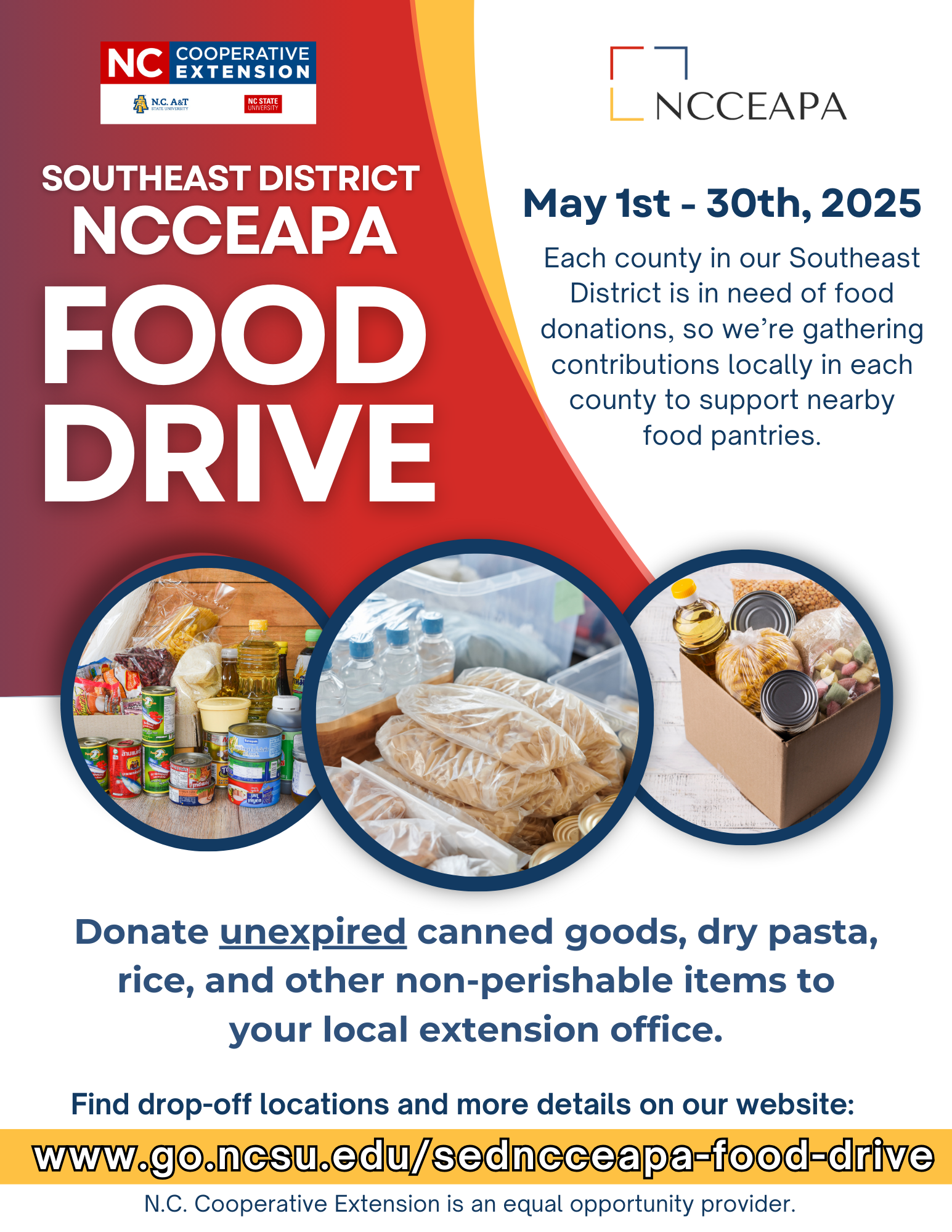 Flyer for the Southeast District NCCEAPA Food Drive. Takes place May 1–30, 2025, at local Extension offices across the Southeast District. Includes a link to learn more at go.ncsu.edu/sedncceapa-food-drive.